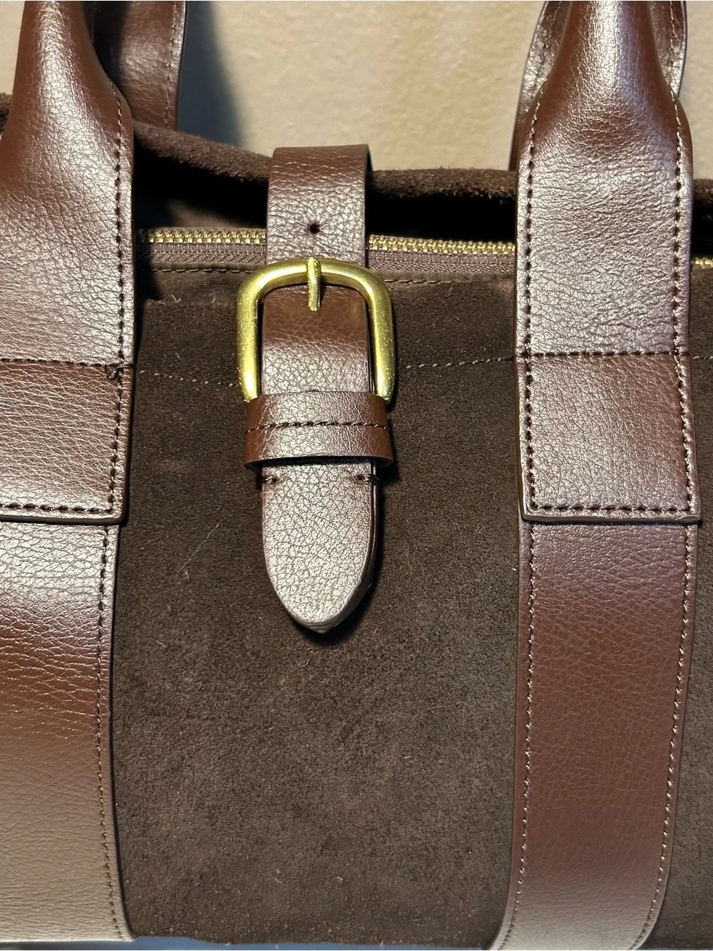 Lands’ End Suede Leather Tote Bag Brown Buckle Shoulder Handbag Large